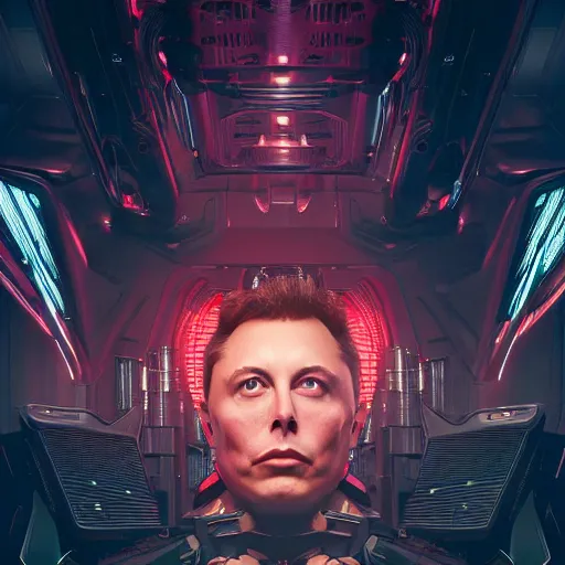 Prompt: ominous, imposing portrait of Elon Musk as a cyberpunk 2077 loading screen, imposing, symmetry, front view, intricate, studio, art by anthony macbain + greg rutkowski + alphonse mucha, concept art, 4k, sharp focus