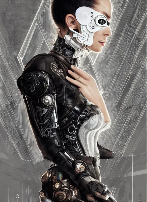 Image similar to a cyborg with mask, black leather garment with art nouveau ivory accessories, cyberpunk, darksynth, luxury, concept art by jama jurabaev, extremely detailed, ominous, ethereal, artstation, andree wallin, edvige faini, balaskas, alphonse mucha