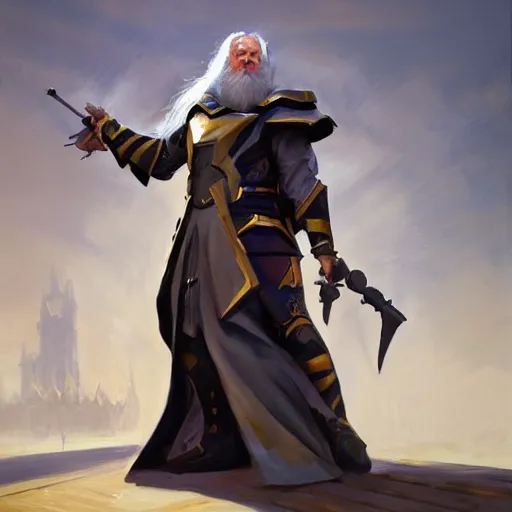 Prompt: greg manchess portrait painting of armored albus dumbledore as overwatch character, medium shot, asymmetrical, profile picture, organic painting, sunny day, matte painting, bold shapes, hard edges, street art, trending on artstation, by huang guangjian and gil elvgren and sachin teng