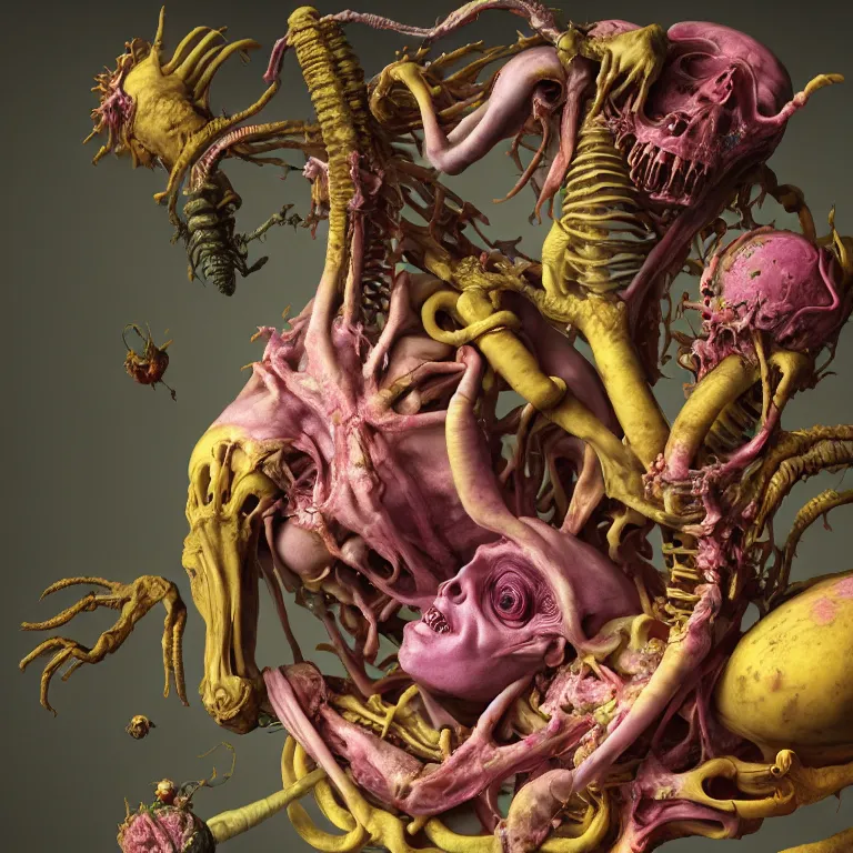 Image similar to still life of rotten flesh, beautiful pastel tropical alien flowers, human spine, colorful mold, baroque painting, beautiful detailed intricate insanely detailed octane render, 8K artistic photography, photorealistic, chiaroscuro, Raphael, Caravaggio