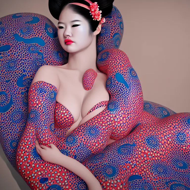 Image similar to hyperrealistic detailed image of a geisha laying in a art installation room, hd smooth interior by yayoi kusama, part by kei mieno, part by ross tran, dark art by james jean, ultra realistic, highly detailed, life like face, detailed body, 8 k, 3 d render by roger magrini, very cohesive, masterpiece