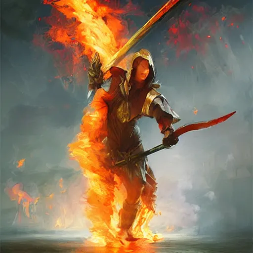 Image similar to a flaming sword, painting by wlop