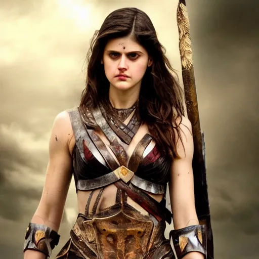 Prompt: full shot photo of alexandra daddario as an amazon warrior with daggers