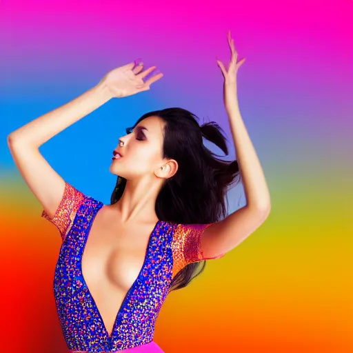 Image similar to tiktok dancing beautiful young woman on gradient background, studio photo, highly detailed