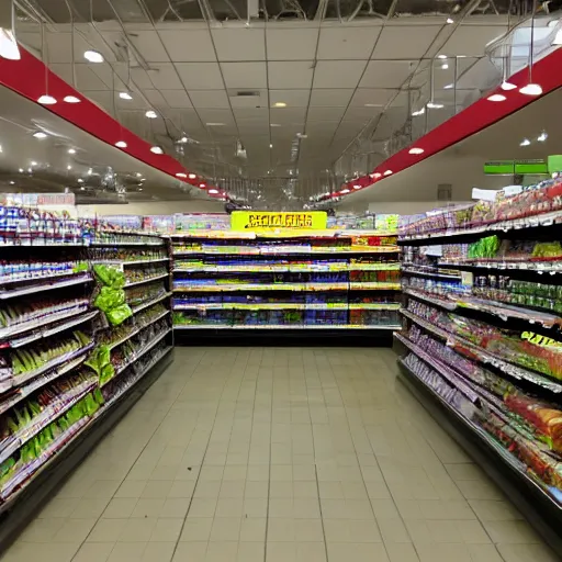 Image similar to supermarket empty, eerie, spooky, dim lights,