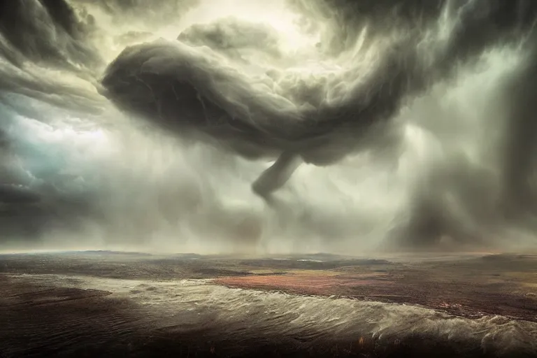 Prompt: tornado forming. Photo-realistic UHDR, hyperrealism, highly detailed, cinematic, luminescence, 32k, high contrast, intricate, mystery, epic, dark fantasy