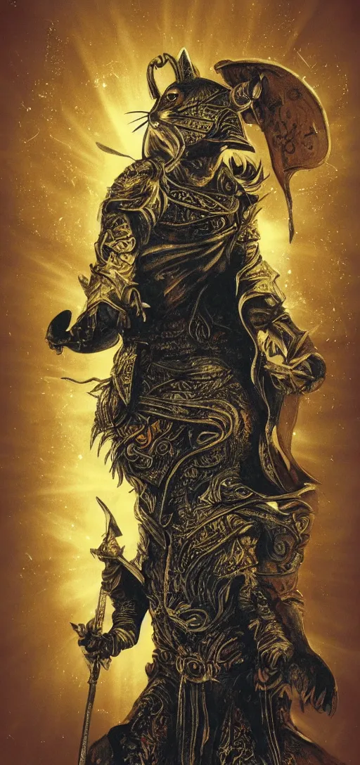 Prompt: a rat prince wearing shinning king arthur golden armpit volumetric lighting god rays sacred magic floating rat knight warrior