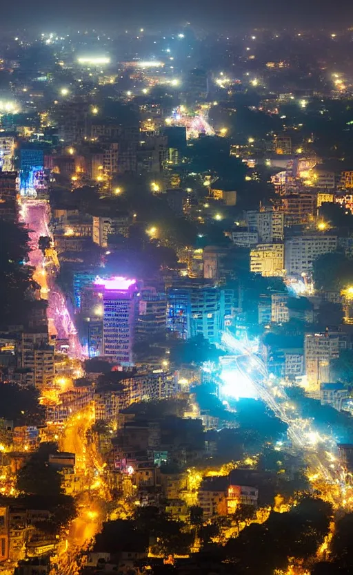 Prompt: futuristic dhaka city capital of bangladesh editorial photograph, dark lighting, glowing screens