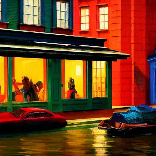 Prompt: a photorealistic digital rendering of a rain soaked shanty town at night by Edward Hopper and James Gilleard, oil painting