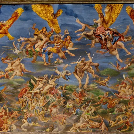 Image similar to basilica frescoe of an army of frogs fighting for Christianity