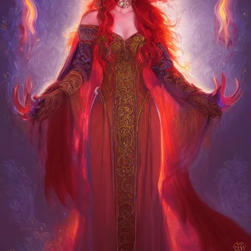 Image similar to Fantastic, fairytale, portrait, painting, beautiful!, female mage!, long flowing red hair, flames emitting from fingertips, ornate gown, smoldering, serious, royalty kingdom, royal court, hyperreal, photoreal painting, dungeons and dragons