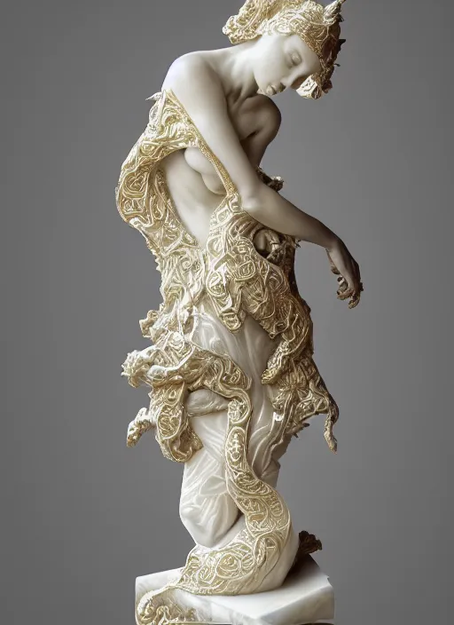 Image similar to romantic marble sculpture of beautiful woman, glistening, mandelbulb, masterpiece, rodin, michelangelo, hypercube, ivory carving, fractal paisley inlay, lace, intricate, elegant, highly detailed, gold inlay, metallic, ivory, artgerm, lace, by ruan jia and greg rutkowski