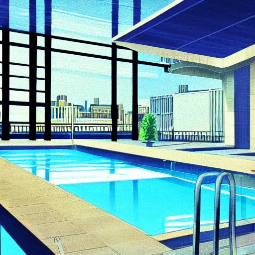 Prompt: detailed illustration of a swimming pool, interior, ornaments, artstation, hiroshi nagai, cinematic