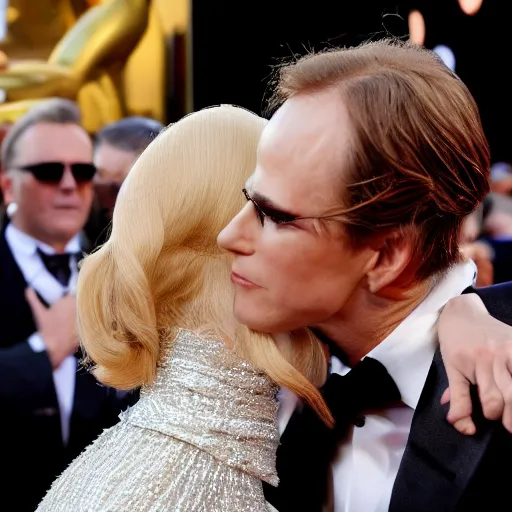 Image similar to Kermit the Frog in a suit and tie kissing Nicole Kidman in a dress on the red carpet movie still photo journalism 4k