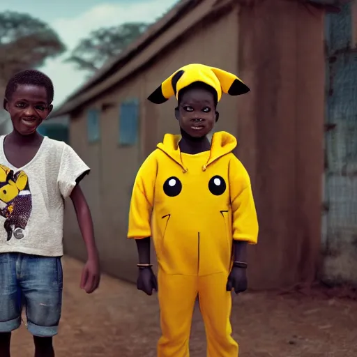 Prompt: a small african boy and an girl wearing a pikachu costume, movie still from tank girl, wide angle shot, ultra detailed, portrait, in the style of studio ghibli and roger ballen,