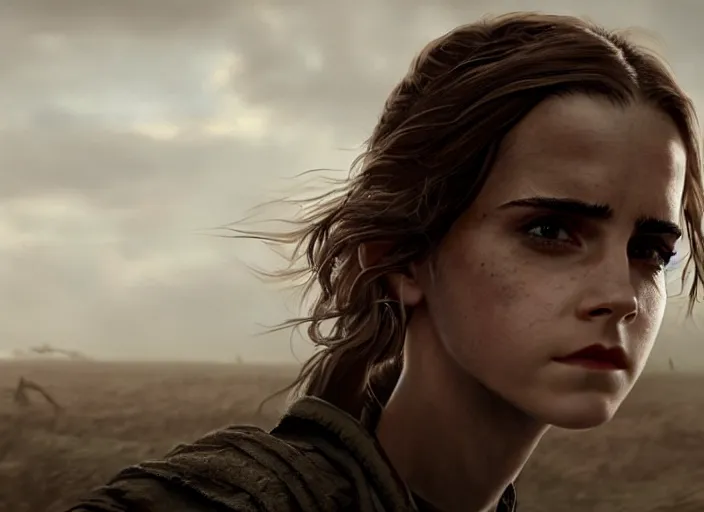 Prompt: close up cinematic artwork of Emma watson staring down the enemy on the battlefield by Greg Rutkowski, 4k, masterpiece