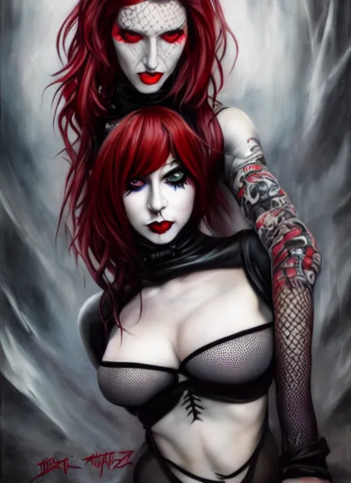 Image similar to cosplay goth female, fishnet, worksafe, light gray eyes, red lips, black hair, body fully covered with tattoos, fishnet clothes, beautiful detailed face, paint by artgerm and magali villeneuve, rich deep colors. wlop painting, part by tian zi and gerhard richter. art by magali villeneuve. masterpiece