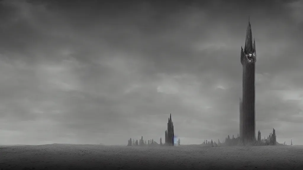 Prompt: tragic patrick jones rutkowski the last tower. sand. lonely. ominous. 3 8 4 0 x 2 1 6 0