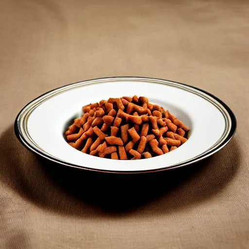 Prompt: canned dog food on a plate, gourmet michelin restaurant, food photography, DOF