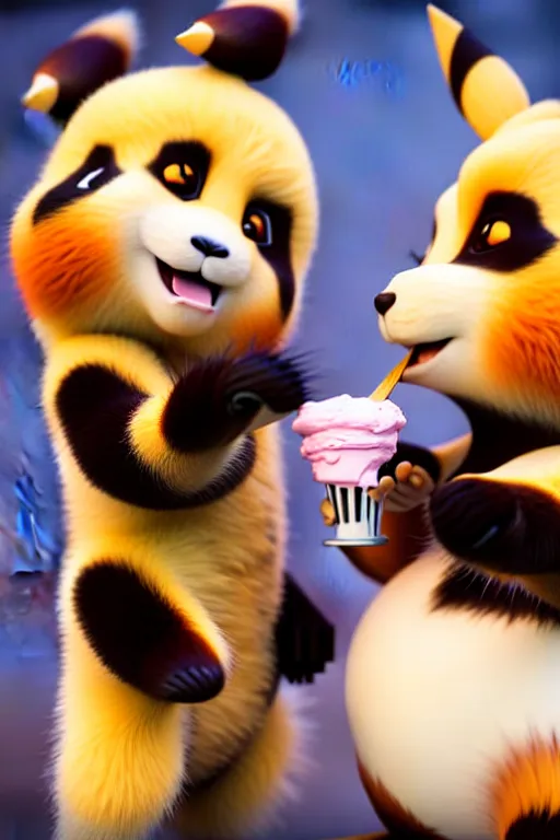 Image similar to high quality 3 d render hyperrealist very cute happy panda & fox hybrid eating ice cream, vray smooth, in the style of detective pikachu, very dramatic light, low angle, uhd 8 k, shallow depth or field