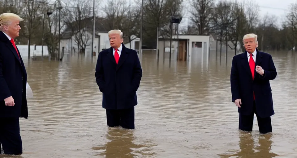 Image similar to Donald Trump visiting a small german town that is being flooded, movie screenshot, dramatic scene