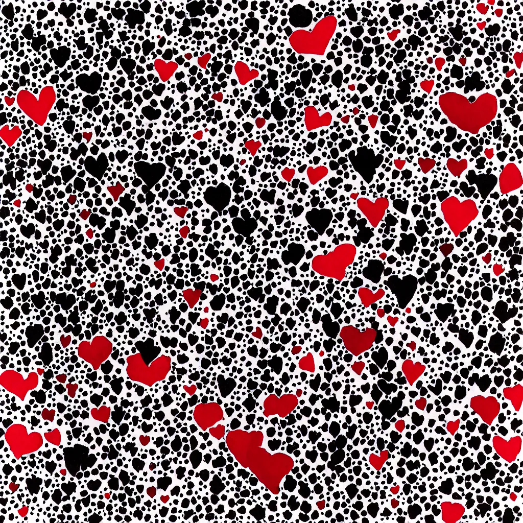 Image similar to camo made of hearts, smiling, abstract, rei kawakubo artwork, cryptic, dots, stipple, lines, splotch, color tearing, pitch bending, color splotches, dark, ominous, eerie, minimal, points, technical, old painting