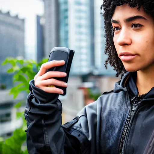 Image similar to candid photographic portrait of a poor techwear mixed young woman using a flip phone inside a dystopian city, closeup, beautiful garden terraces in the background, sigma 85mm f/1.4, 4k, depth of field, high resolution, 4k, 8k, hd, full color