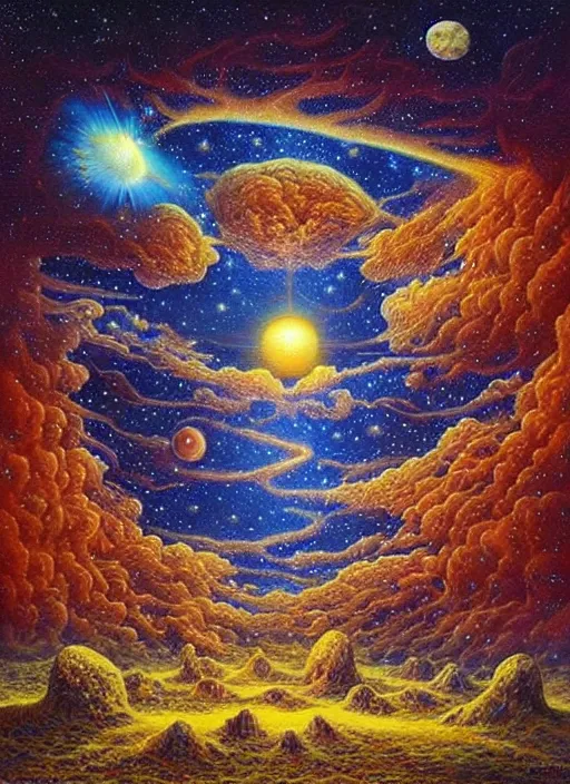 Prompt: from roots to the moons, beautiful intricate oil painting, beautiful nebula in the sky by jacek yerka, beautiful nebula in the sky by jacek yerka