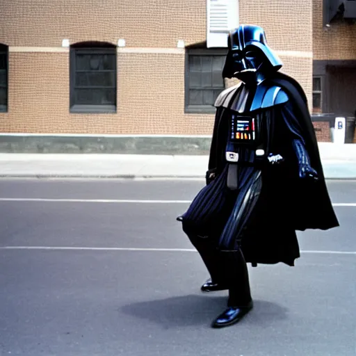 Image similar to darth vader break dancing on a street corner, brooklyn, day time, sunny, the 8 0's