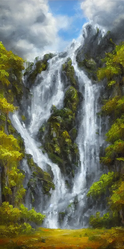 Prompt: waterfall cascading onto clouds, extremely detailed oil painting, digital art, landscape painting, trending on artstation, masterpiece