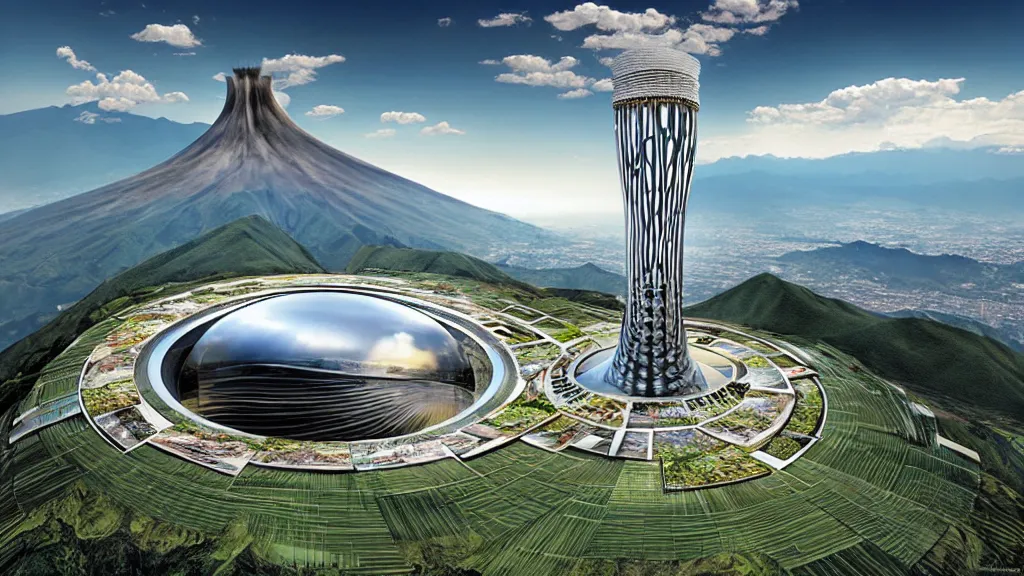 Image similar to Epic Giant Nuclear Reactor over the mountain valley of Quito, Ecuador; by Oswaldo Moncayo and Vincent Callebaut; Art Direction by James Cameron;