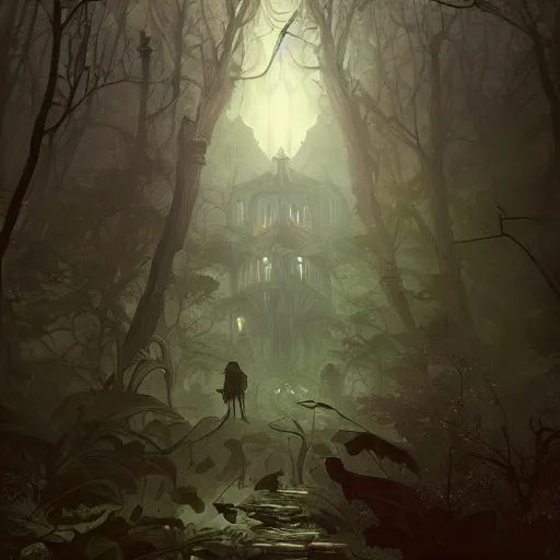 Image similar to a haunted victorian house in a dense dark forest, concept art, by Peter Mohrbacher and Alphonse Mucha, detailed, style, 8k, trending on artstation, unreal engine 4k, detailed, clean background trending, full shot, symmetrical portrait, sophisticated, Unreal engine, dystopia, anti-utopia, post processing, psychadelic