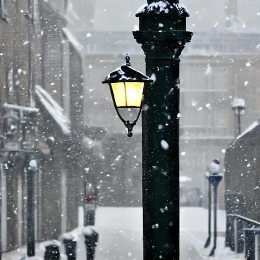 Image similar to an animal with its tongue stuck to a lamp post, snowy london street scene