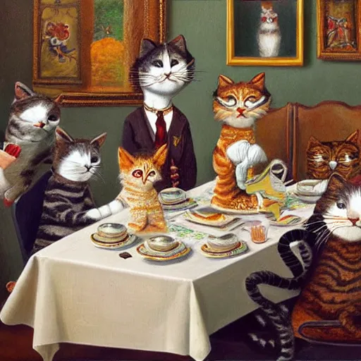 Prompt: a tea party of anthropomorphic cats wearing classic clothes, hyperdetailed, oil painting