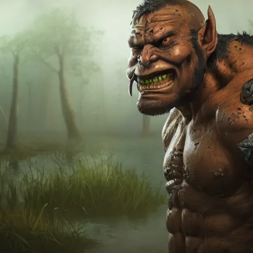 Image similar to A comic book style portrait painting of a fantasy orc warrior male in a swamp setting, unreal 5, DAZ, hyperrealistic, octane render, RPG portrait, ambient light, dynamic lighting