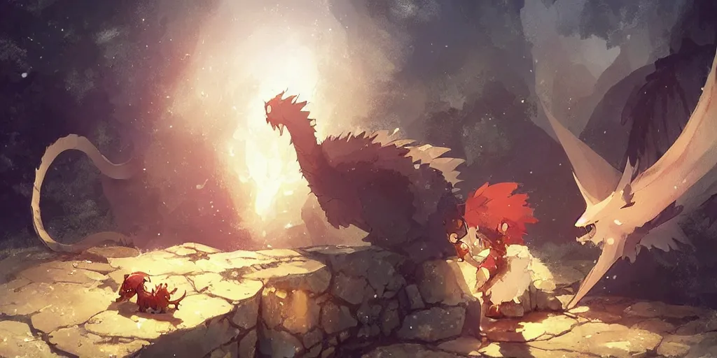 Prompt: a dwarf and his small pet dragon drinking a beer together | sharp contrast | by greg rutkowski makoto shinkai takashi takeuchi studio ghibli