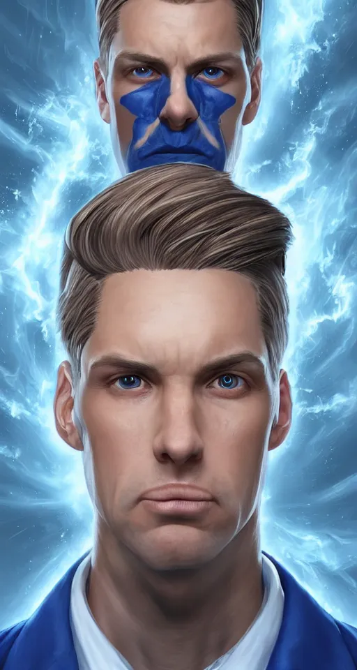 Image similar to portrait of tall, tired 3 3 - year - old handsome man with short darkblonde hair, blue eyes, wearing science fiction uniform, hyper realistic face, beautiful eyes, character art, art by mark brooks, hyperdetailed, cryengine, trending on artstation, digital art