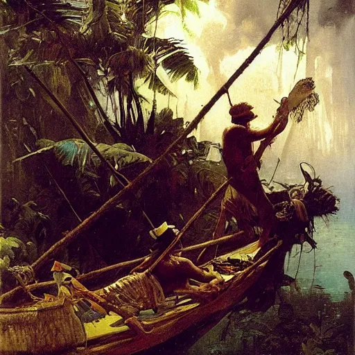 Prompt: amazon river diver, intricate oil painting by carl spitzweg