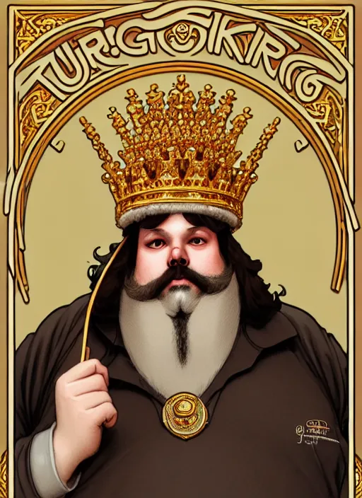 Image similar to close up portrait of the burger king, heavyset middle aged king with big bushy beard, ornate noble robs with jeweled crown by artgerm, cushart krenz, greg rutkowski, mucha. art nouveau. gloomhaven, golden arches logo, pale colors, sharp edges. ultra clear detailed. 8 k. elegant, intricate, octane render