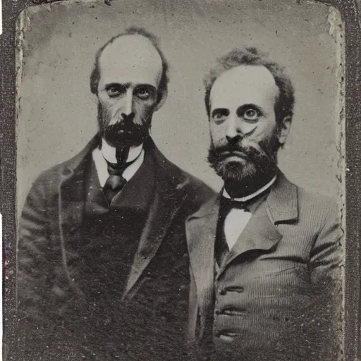 Prompt: tintype photo of rick and morty, 1 8 8 0 s