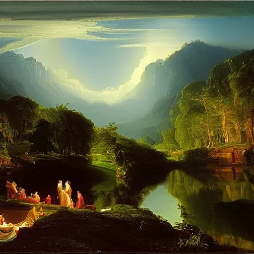 Image similar to An oil painting called: river of light that leads to God, painted by Thomas Cole, award winning, extremely detailed, 4k,