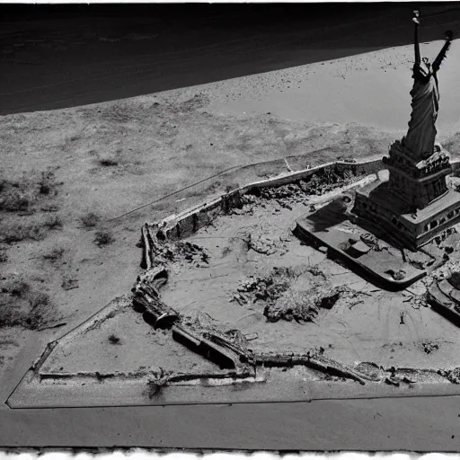 Prompt: the statue of liberty heavily decayed in a dustbowl