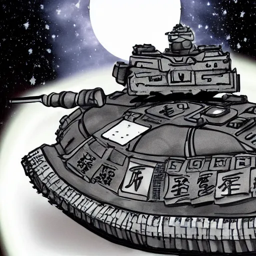 Prompt: a battle tank heavy armor blasting with yin - yang black and white symbol daoist paint, in a cosmic field