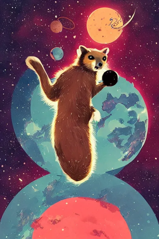 Image similar to giant pine marten in space holding a planet, digital art, trending on artstation, highly detailed, by Conrad Roset
