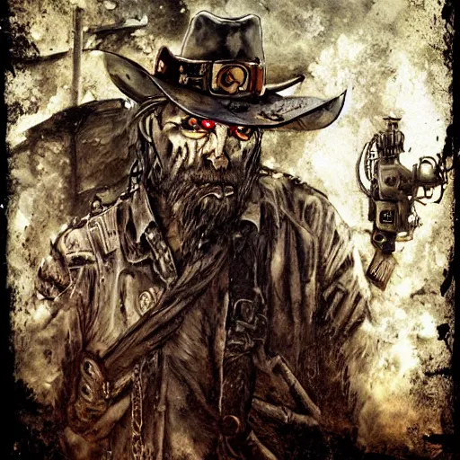 Prompt: portrait of a corrupted eldritch cowboy in a scenic environment by simon bisley, steampunk, lovecraftian, oldwest, beast, corruption, eyes