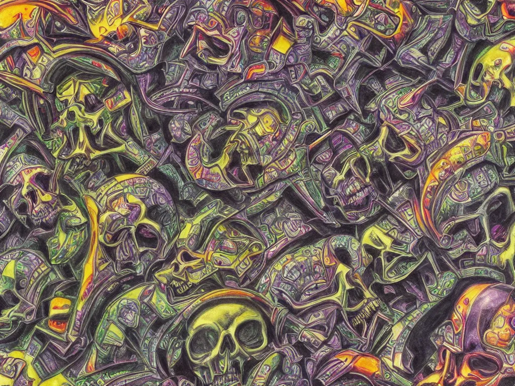 Image similar to technopathic skulls, high detail, highly abstract, vivid colors, a little bit touch of M. C. Escher