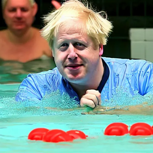 Prompt: Boris Johnson swimming in a swimming pool full of Heinz baked beans