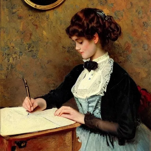 Image similar to victorian girl in ball gown writing a letter, painting by alfred stevens