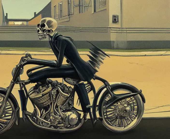 Image similar to a very detailed painting of a skeleton wearing a suit, riding a motorbike down a street, harley davidson motorbike, worm's - eye view, very fine brush strokes, very aesthetic, very futuristic, in the style of edward hopper and grant wood and syd mead, 4 k,