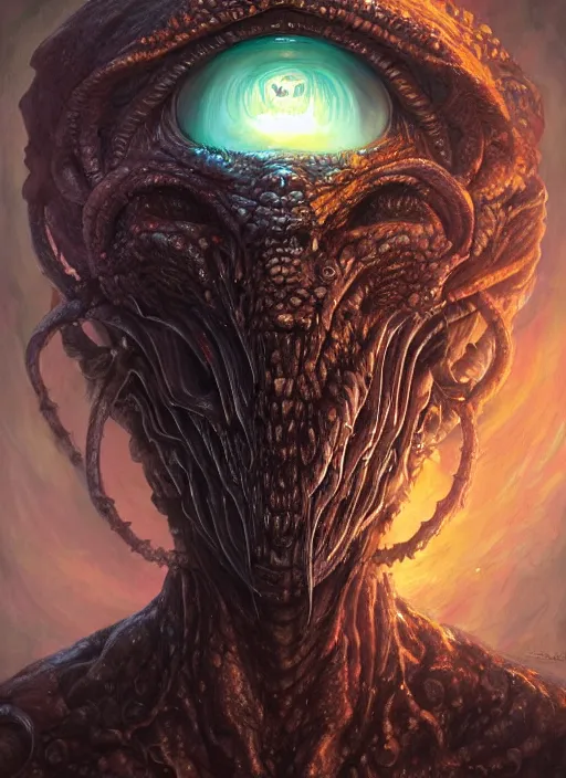 Prompt: prismatic dark lovecraft horror machine glowing reptile eyes, metal armor, elegant, highly detailed, centered, digital painting, artstation, concept art, smooth, sharp focus, illustration, artgerm, tomasz alen kopera, peter mohrbacher, donato giancola, joseph christian leyendecker, wlop, frank frazetta